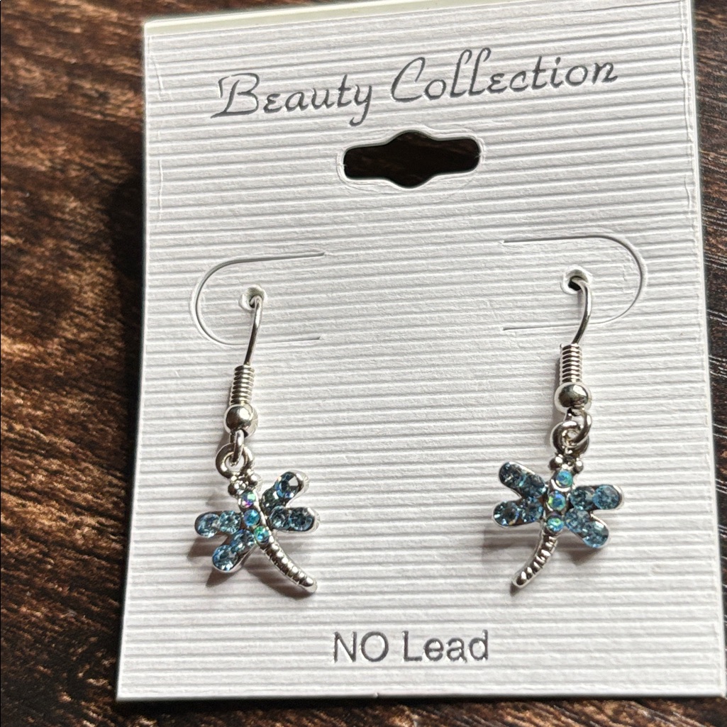 Blue Rhinestone Dragonfly Earrings With Silver Tone Accents